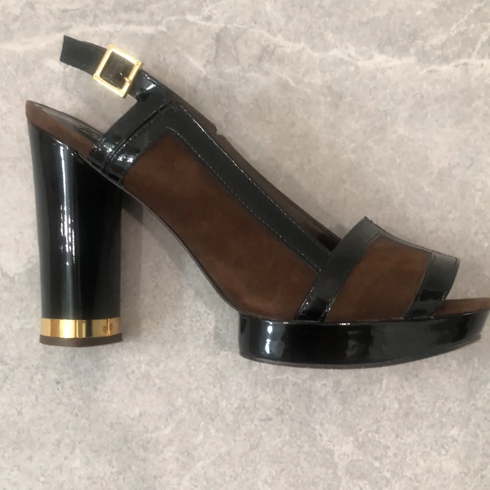 TORY BURCH “Gemma “ Black Patent Leather Brown Suede Slingback Heels Size 7.5